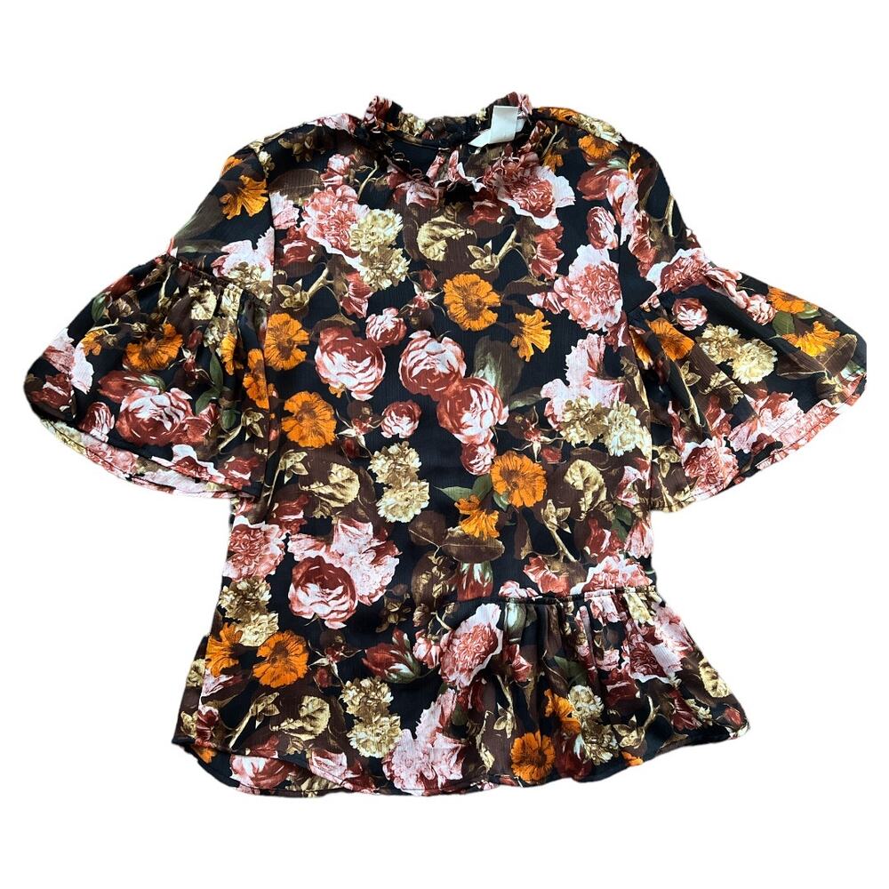 H&M Black Floral Print Short Sleeve Top, US2